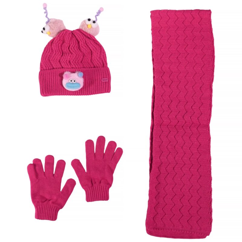 Kitti σετ σκούφος κασκόλ γάντια φούξια για κορίτσι με ζωάκια