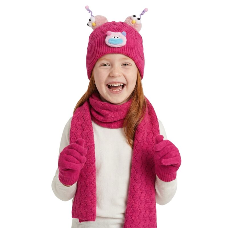 Kitti πλεκτό σετ σκούφος-κασκόλ-γάντια «Fuchsia Funny Face»