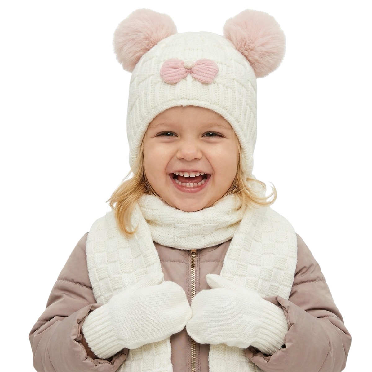 Kitti πλεκτό σετ σκούφος-κασκόλ-γάντια «Ecru Bow»