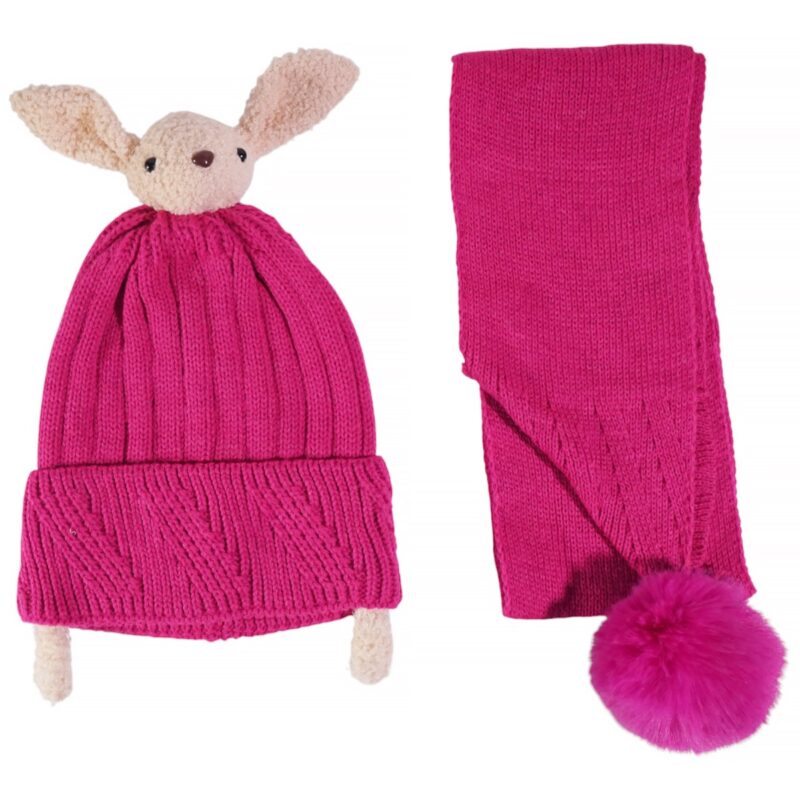 Kitti πλεκτό σετ φούξια λαγουδάκι για κορίτσι με σκούφο και κασκόλ
