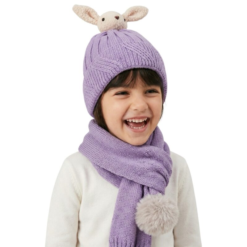 Kitti πλεκτό σετ σκούφος και κασκόλ «Purple Big Bunny»