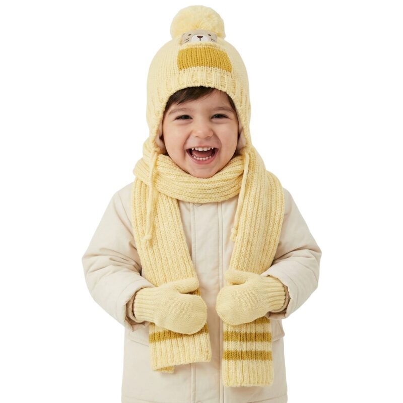 Kitti πλεκτό σετ σκούφος-κασκόλ-γάντια «Yellow Teddy»