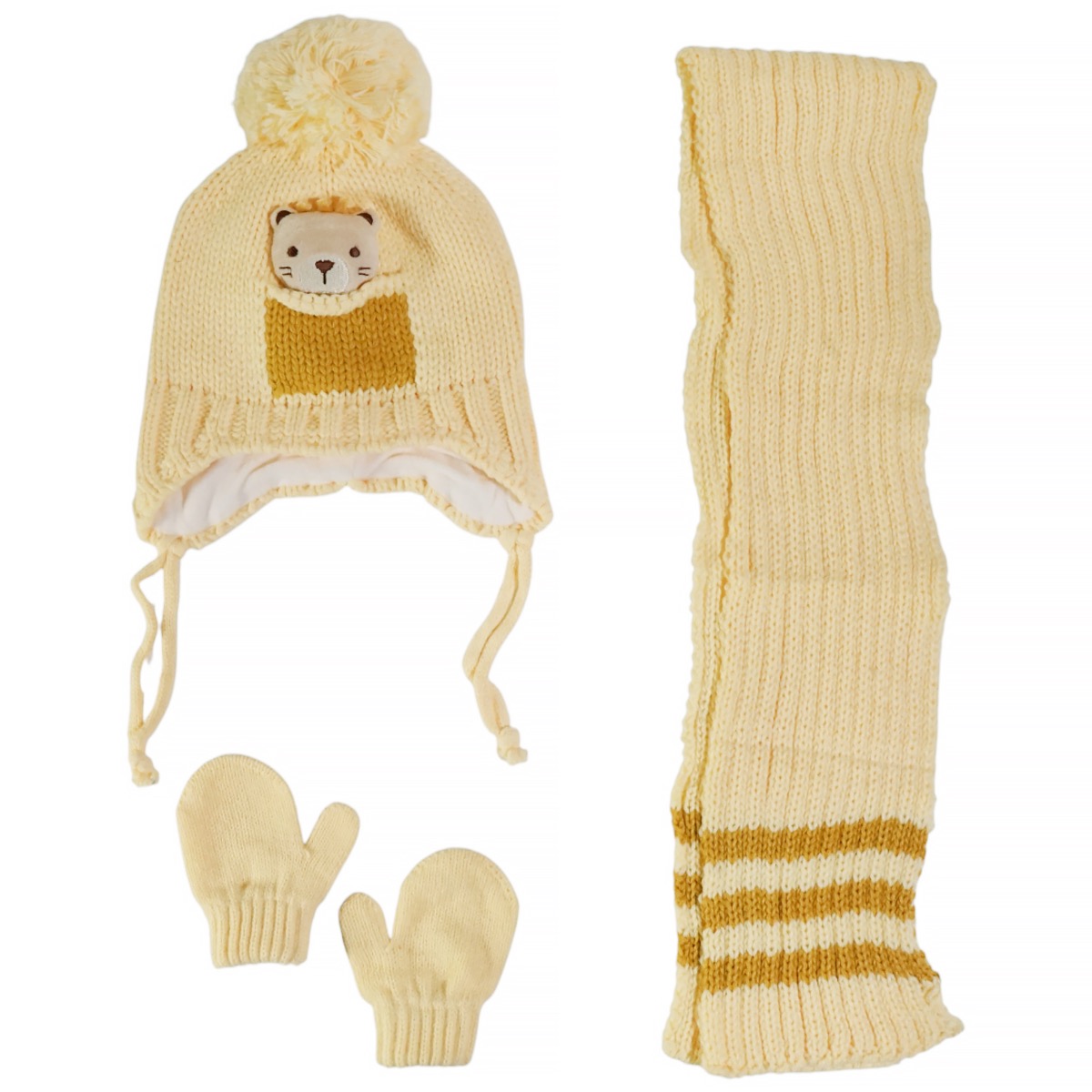 Kitti πλεκτό σετ σκούφος κασκόλ γάντια κίτρινο Teddy για παιδιά χειμώνα