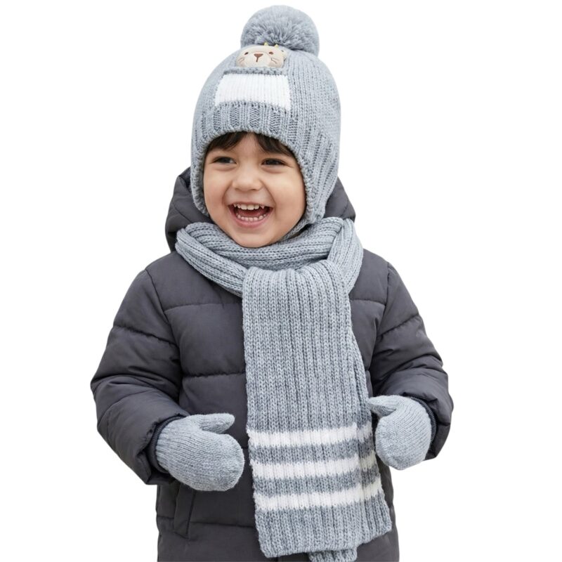 Kitti πλεκτό σετ σκούφος-κασκόλ-γάντια «The Cutest Grey Teddy»