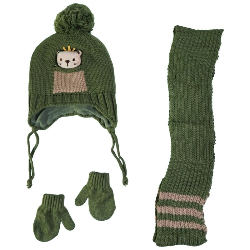 Kitti πλεκτό σετ σκούφος κασκόλ γάντια πράσινο Teddy για αγόρι χειμώνα