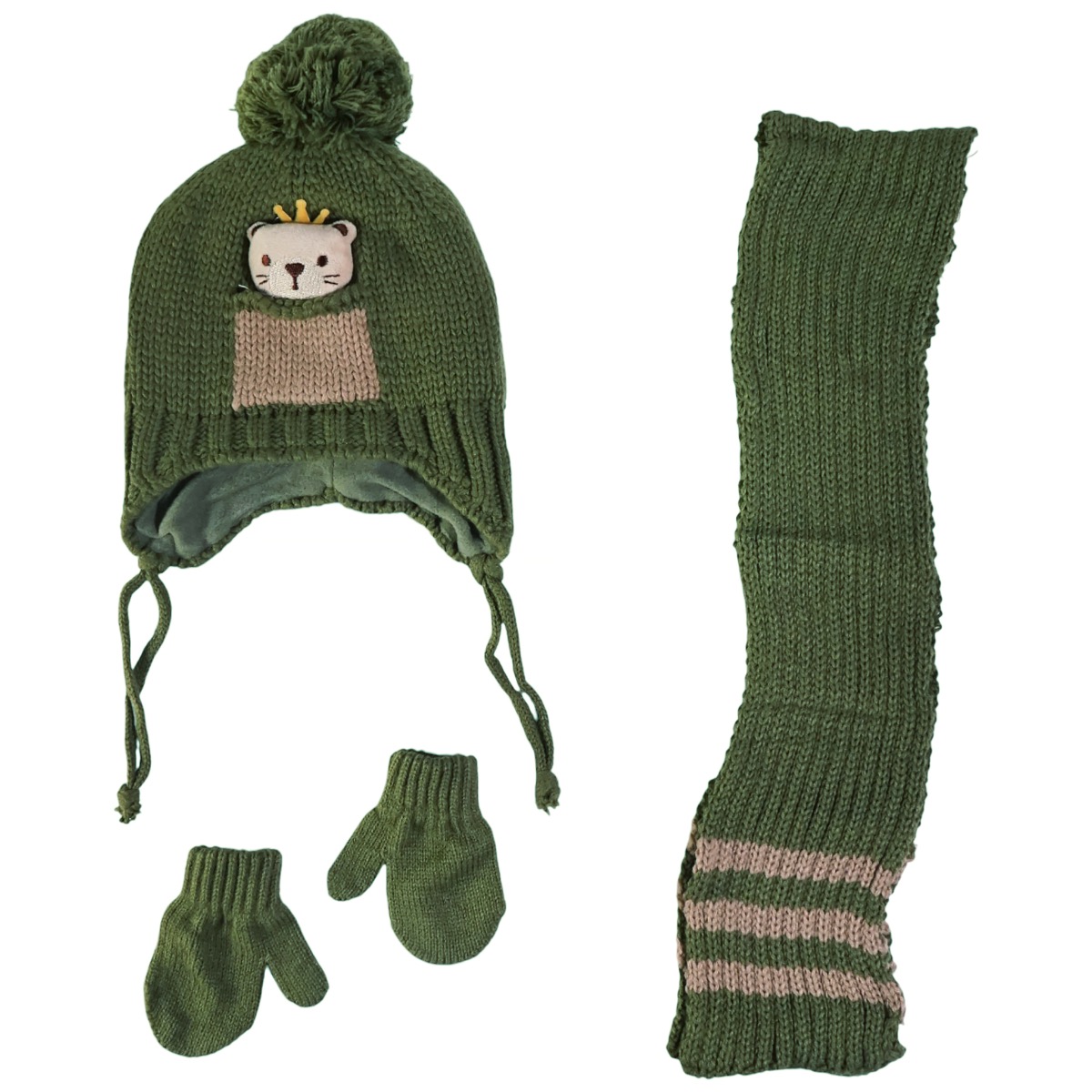 Kitti πλεκτό σετ σκούφος κασκόλ γάντια πράσινο Teddy για αγόρι χειμώνα