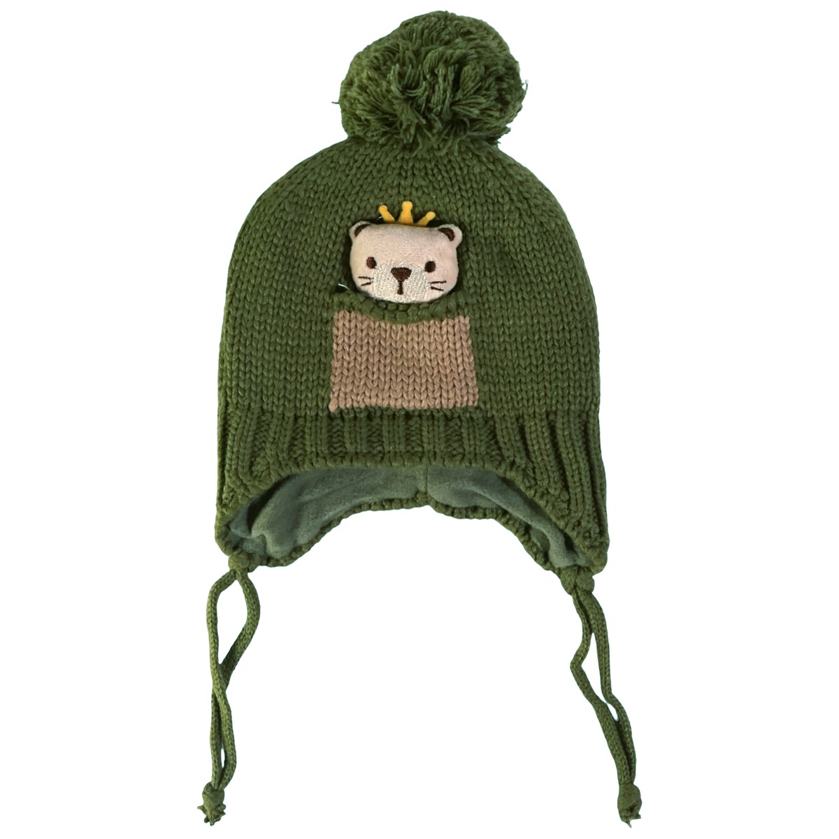 Παιδικός σκούφος Kitti πράσινο Teddy με φούντα και απλικέ σχέδιο για αγόρι