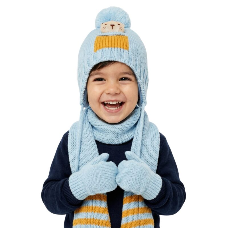 Kitti πλεκτό σετ σκούφος-κασκόλ-γάντια «Light Blue Teddy»