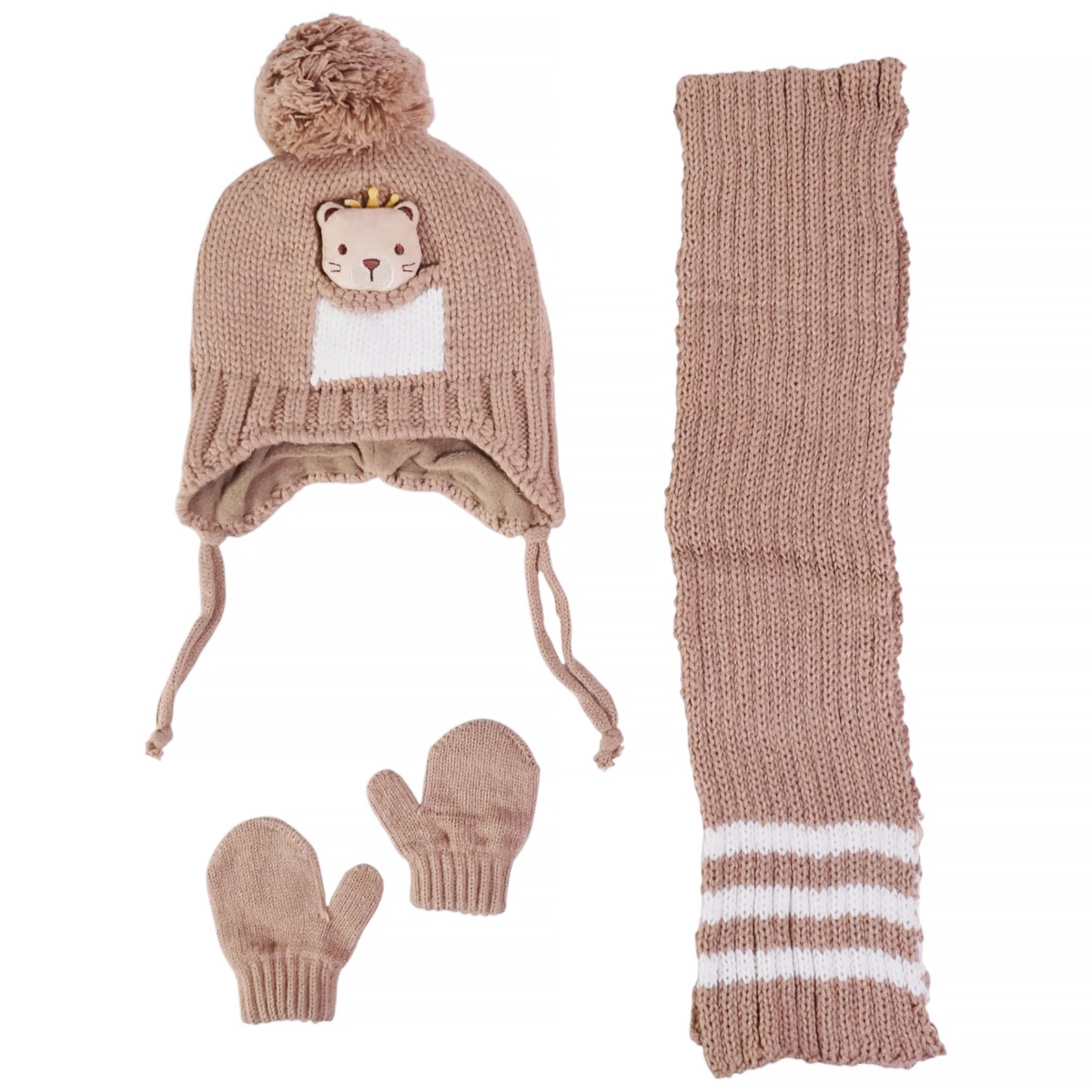 Kitti πλεκτό σετ σκούφος κασκόλ γάντια καφέ Teddy για αγόρι χειμώνα