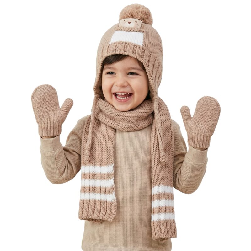 Kitti πλεκτό σετ σκούφος-κασκόλ-γάντια «Brown Teddy»