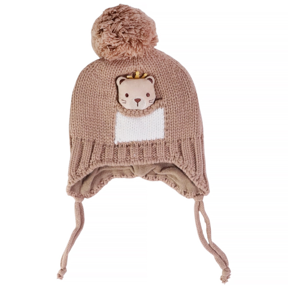 Παιδικός σκούφος Kitti καφέ Teddy με φούντα και απλικέ σχέδιο για αγοράκι