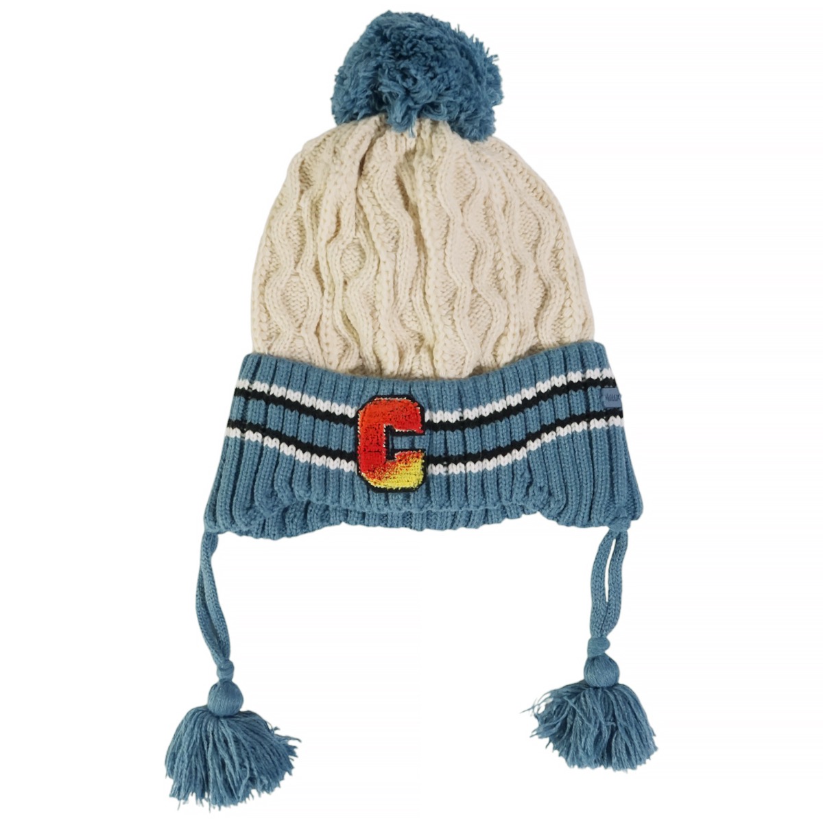 Kitti μπεζ πλεκτό σετ σκούφος με φούντα και κορδόνια για αγόρι