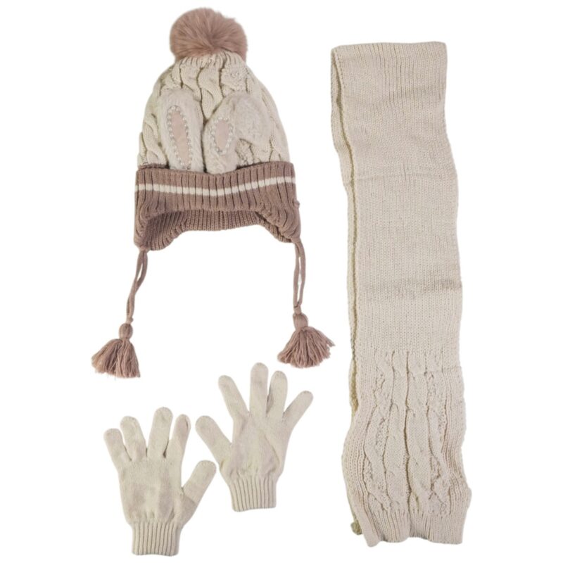 Σετ Kitti σκούφος κασκόλ γάντια μπεζ για κορίτσι με πέρλες