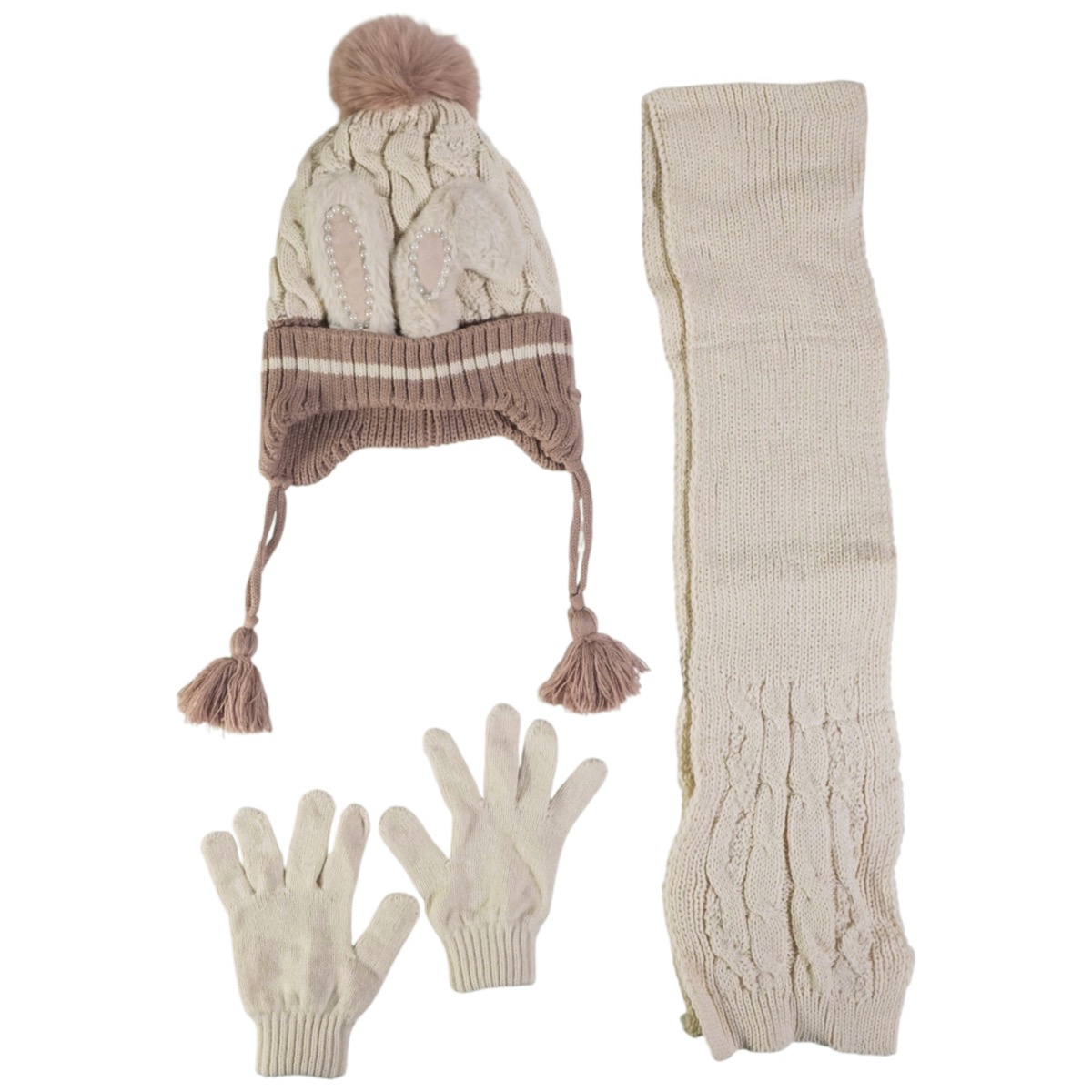 Σετ Kitti σκούφος κασκόλ γάντια μπεζ για κορίτσι με πέρλες