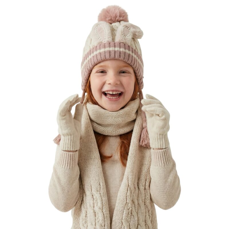 Kitti πλεκτό σετ σκούφος-κασκόλ-γάντια «Beige Bunny’s Ears»