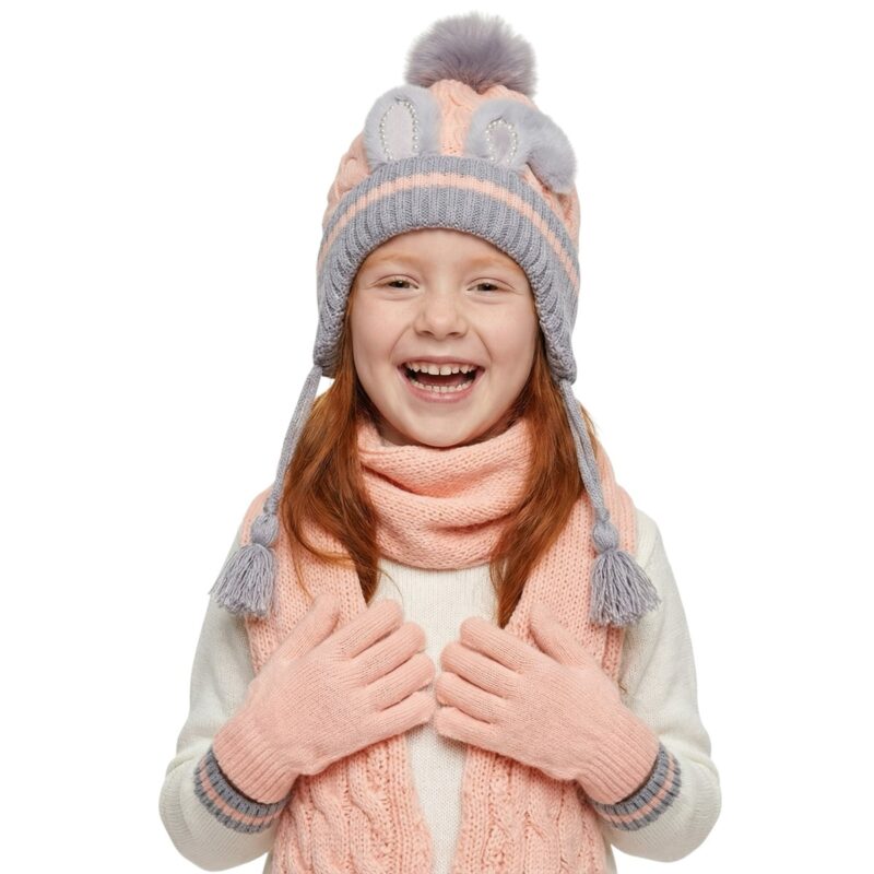 Kitti πλεκτό σετ σκούφος-κασκόλ-γάντια «Coral Bunny’s Ears»