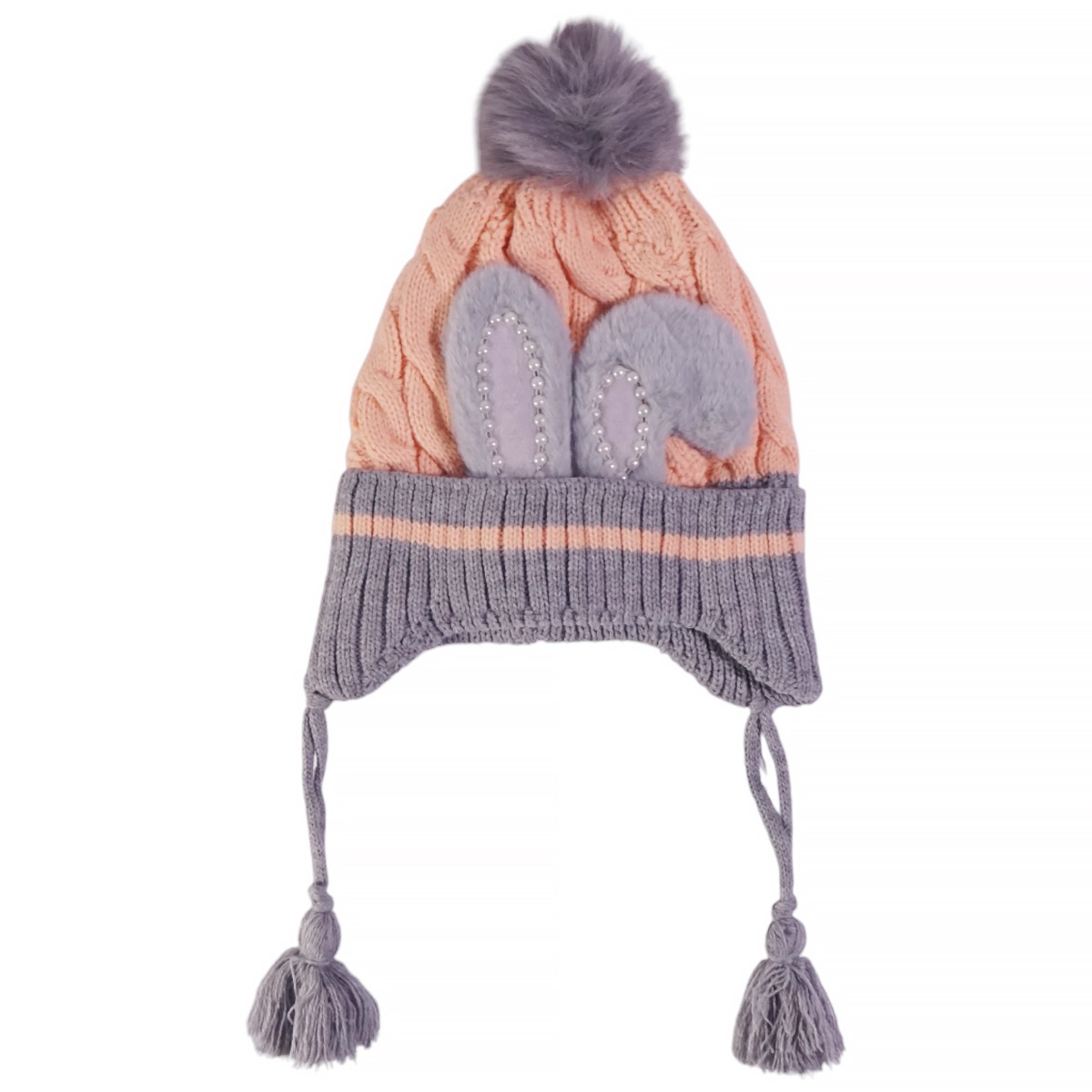 Σκούφος Kitti κοραλλί με φούντα, αυτιά bunny και πλαϊνά κορδόνια