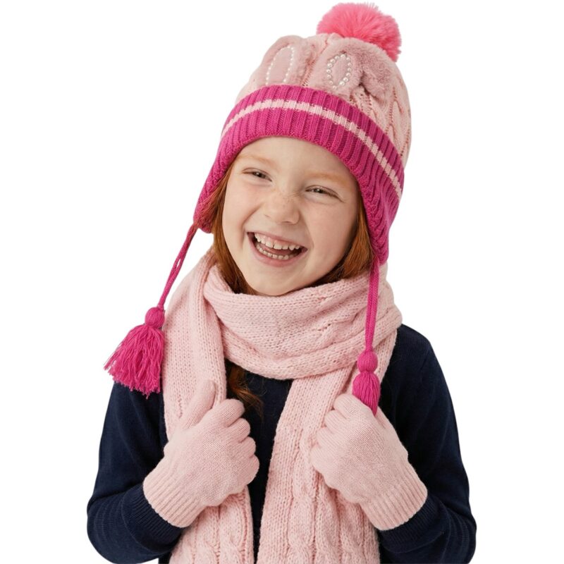 Kitti πλεκτό σετ σκούφος-κασκόλ-γάντια «Pink Bunny’s Ears»