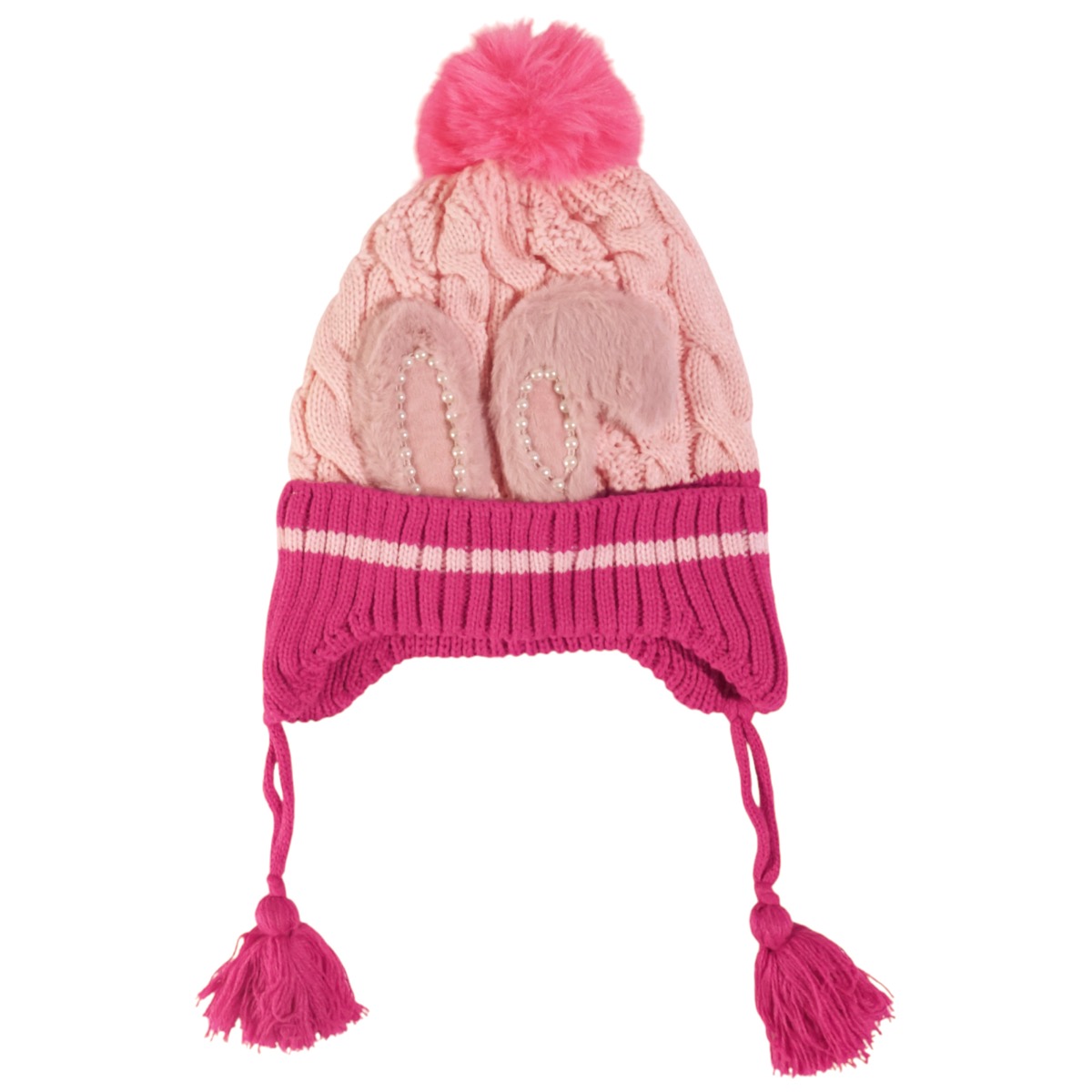 Σκούφος Kitti ροζ με φούντα, αυτιά bunny και πλαϊνά κορδόνια