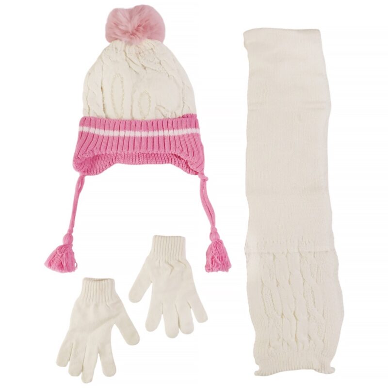 Πλεκτό σετ σκούφος κασκόλ γάντια Kitti σε εκρού χρώμα με γούνινο σχέδιο και φούντα για κορίτσια.