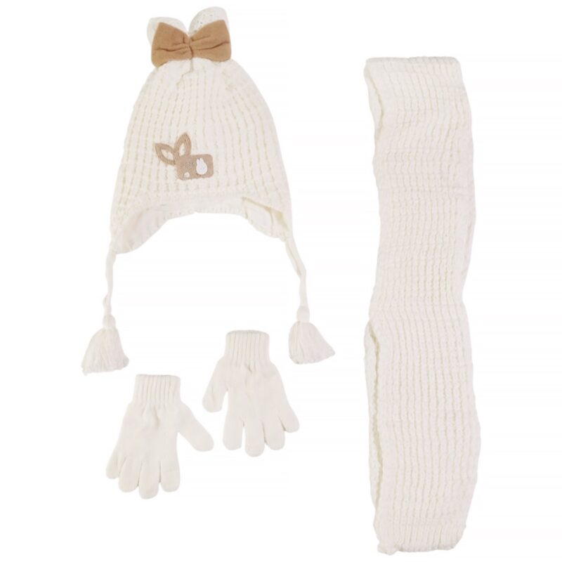 Πλεκτό σετ σκούφος κασκόλ γάντια Kitti Ecru με χαριτωμένο απλικέ σχέδιο για κορίτσια.