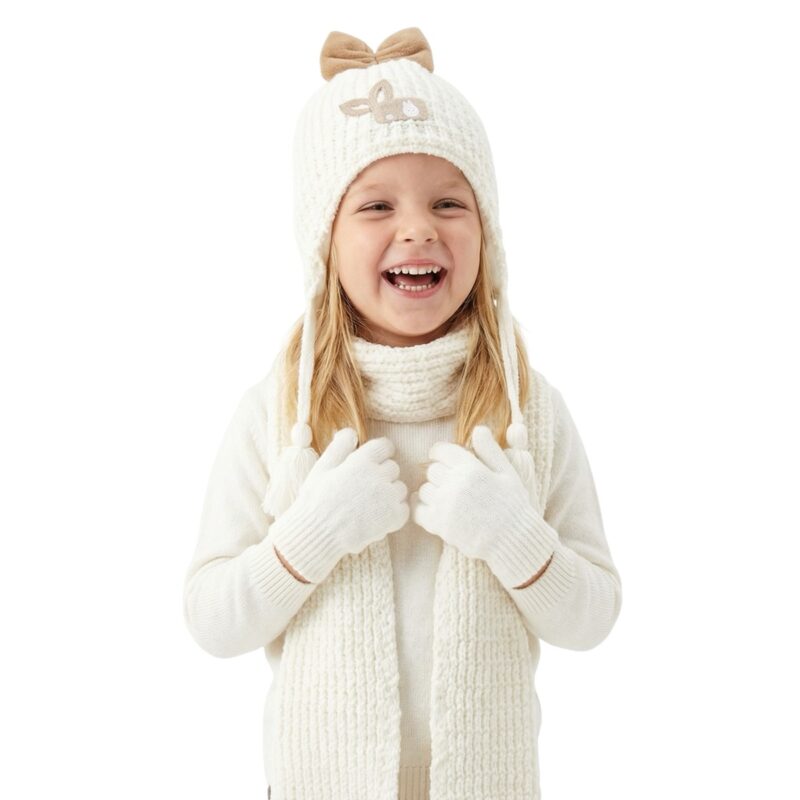 Kitti πλεκτό σετ σκούφος-κασκόλ-γάντια «Ecru Cute Rabbit»