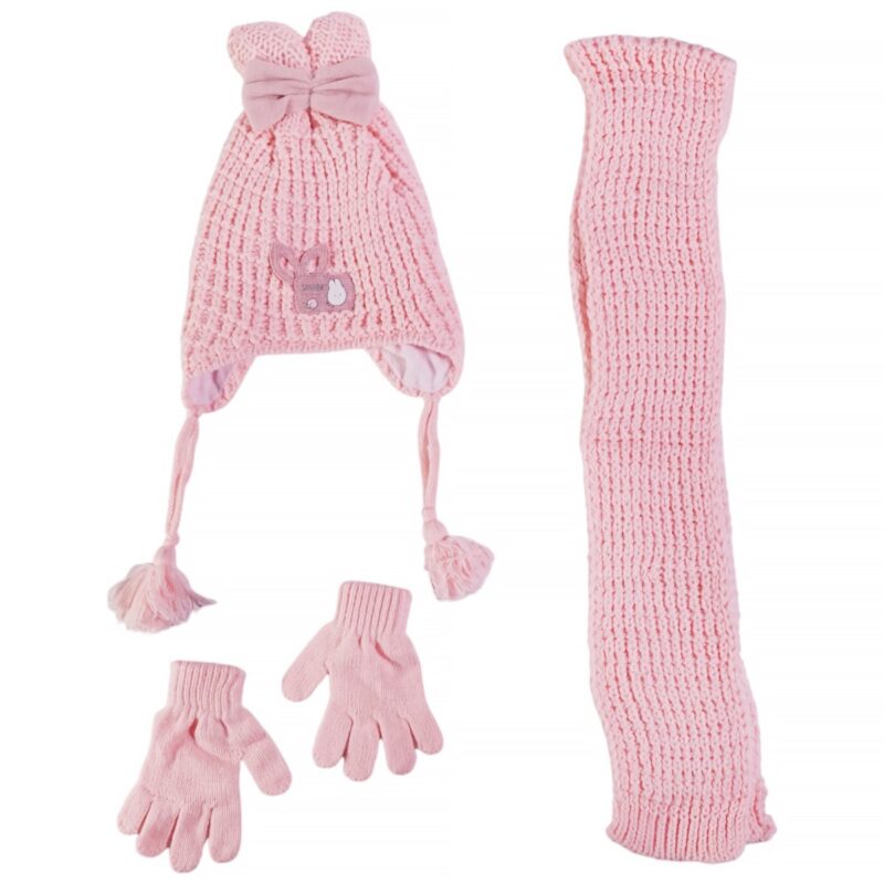 Πλεκτό σετ σκούφος κασκόλ γάντια Kitti Pink με χαριτωμένο απλικέ σχέδιο για κορίτσια.