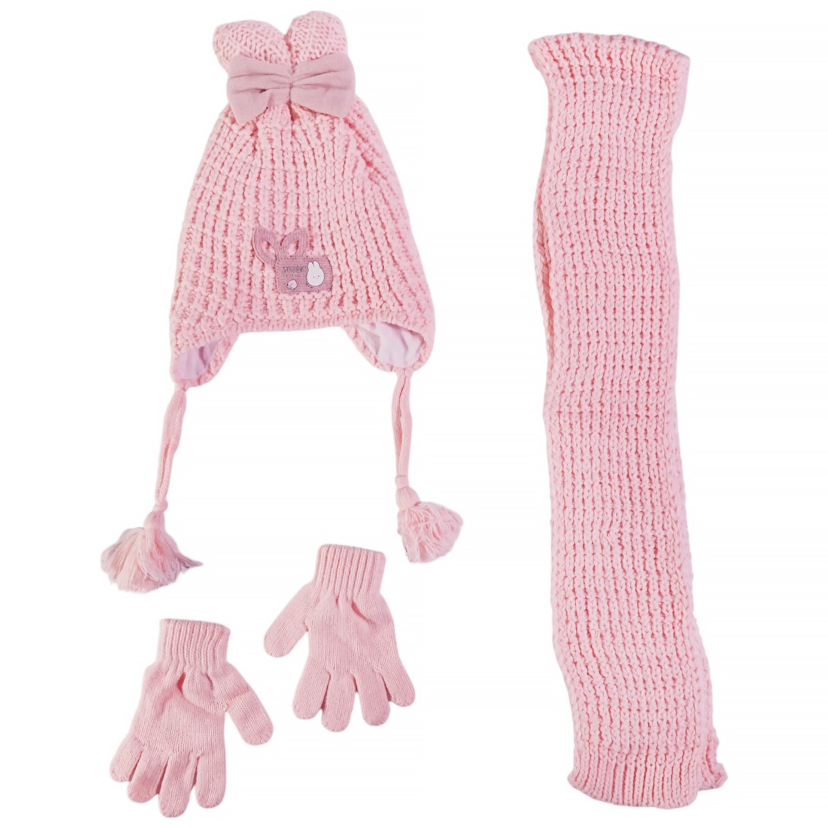 Πλεκτό σετ σκούφος κασκόλ γάντια Kitti Pink με χαριτωμένο απλικέ σχέδιο για κορίτσια.