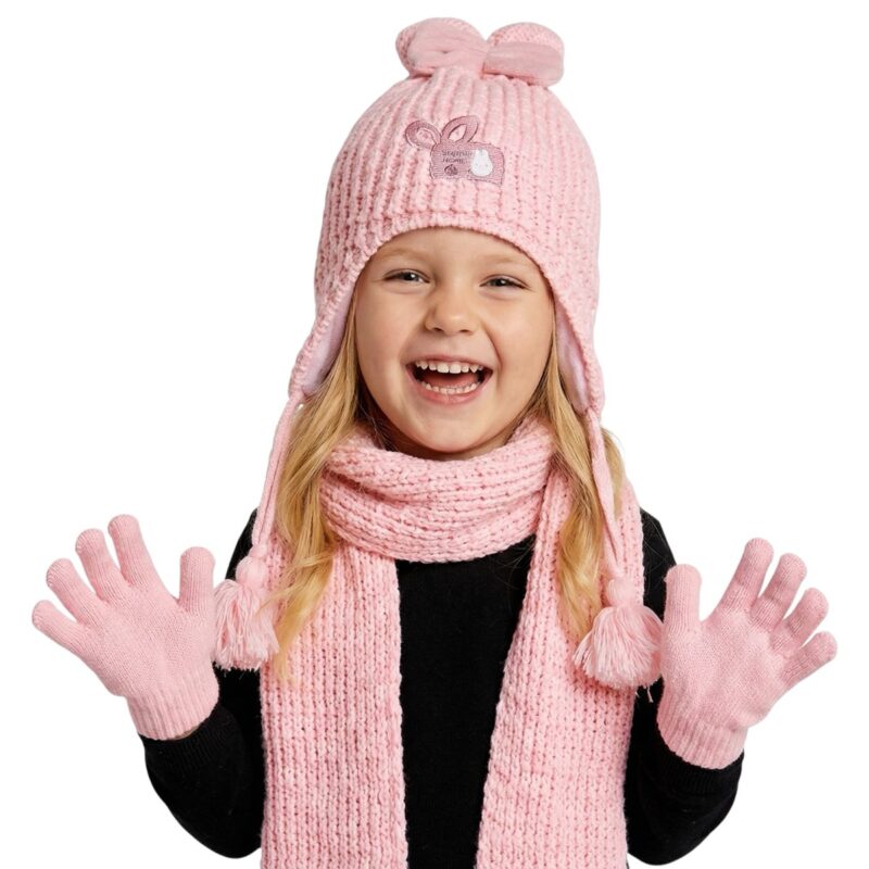 Kitti πλεκτό σετ σκούφος-κασκόλ-γάντια «Pink Cute Rabbit»