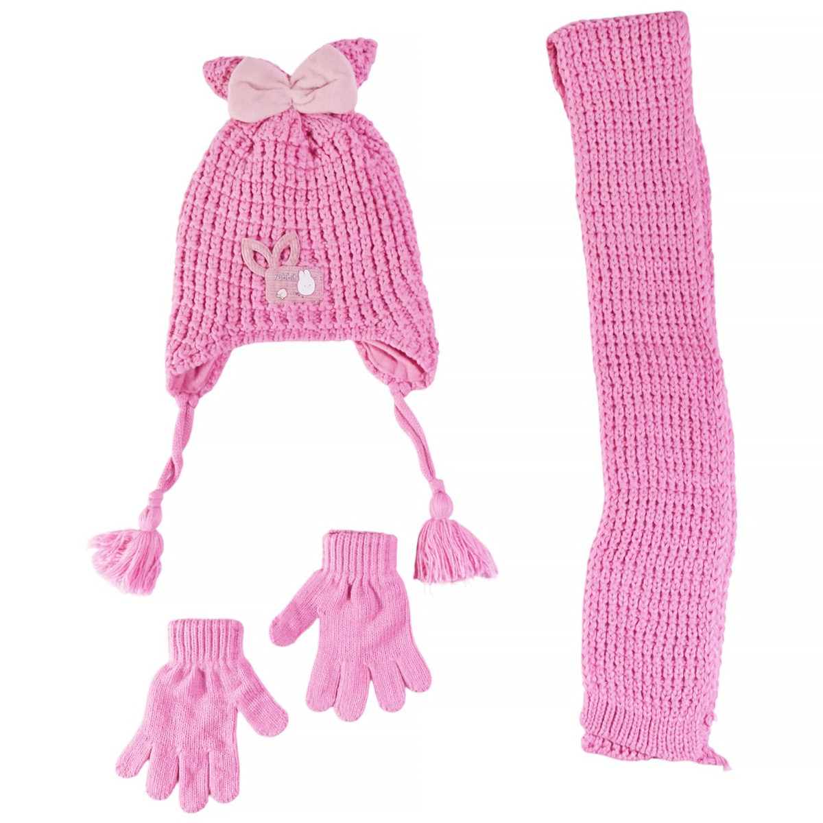 Σετ Kitti Fuchsia με σκούφος απλικέ και ασορτί κασκόλ γάντια για μοναδικό χειμερινό στυλ.