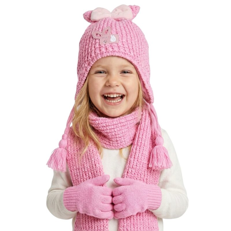 Kitti πλεκτό σετ σκούφος-κασκόλ-γάντια «Fuchsia Cute Rabbit»