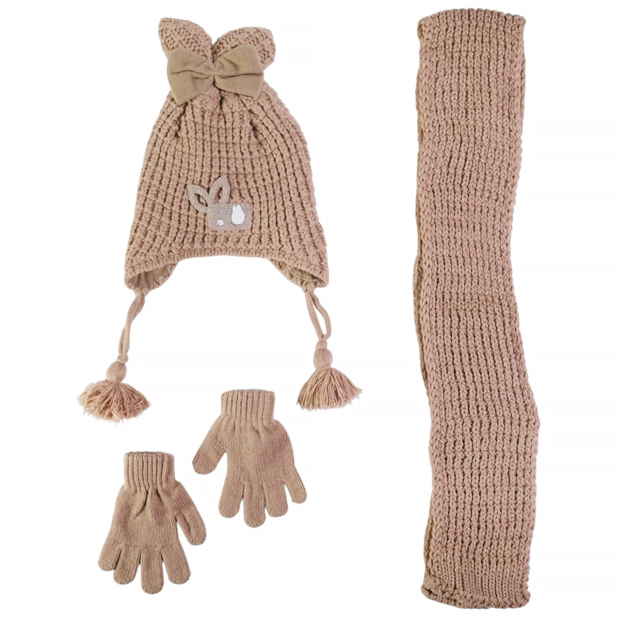Πλεκτό σετ σκούφος κασκόλ γάντια Kitti Brown με χαριτωμένο απλικέ σχέδιο για κορίτσια.