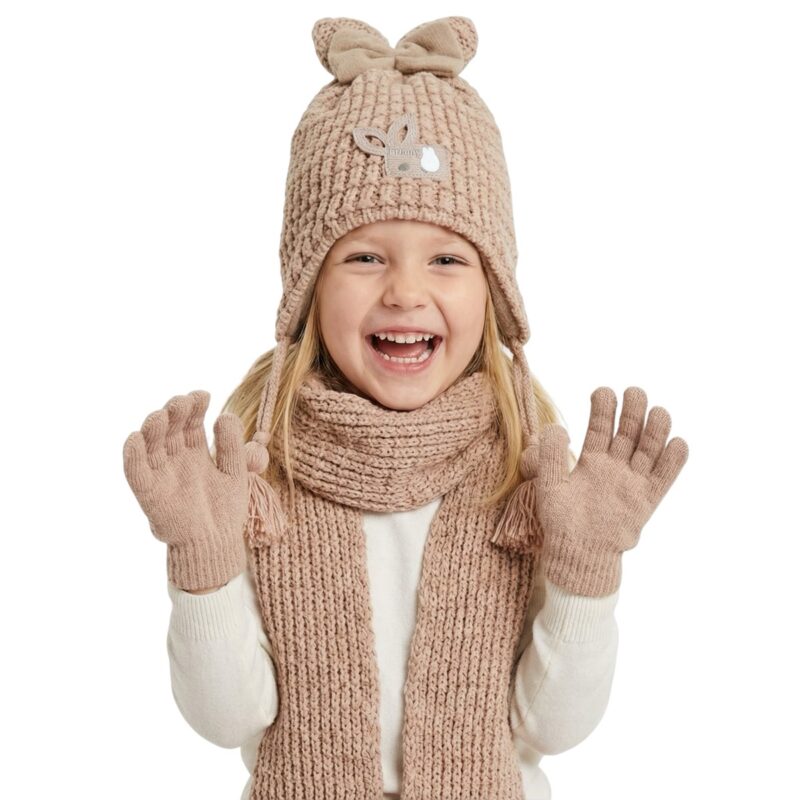 Kitti πλεκτό σετ σκούφος-κασκόλ-γάντια «Brown Cute Rabbit»