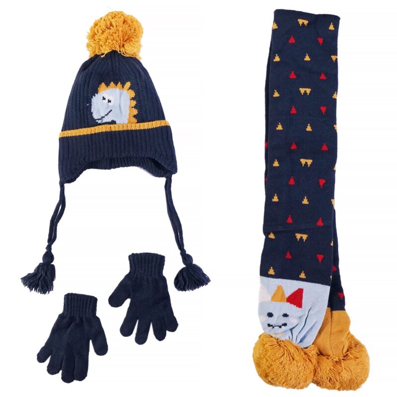 Πλεκτό σετ σκούφος κασκόλ γάντια Kitti Dino σε μπλε χρώμα με δεινόσαυρο στην πλέξη.
