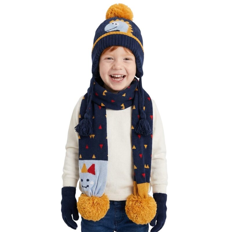 Kitti πλεκτό σετ σκούφος-κασκόλ-γάντια «Blue Dino»