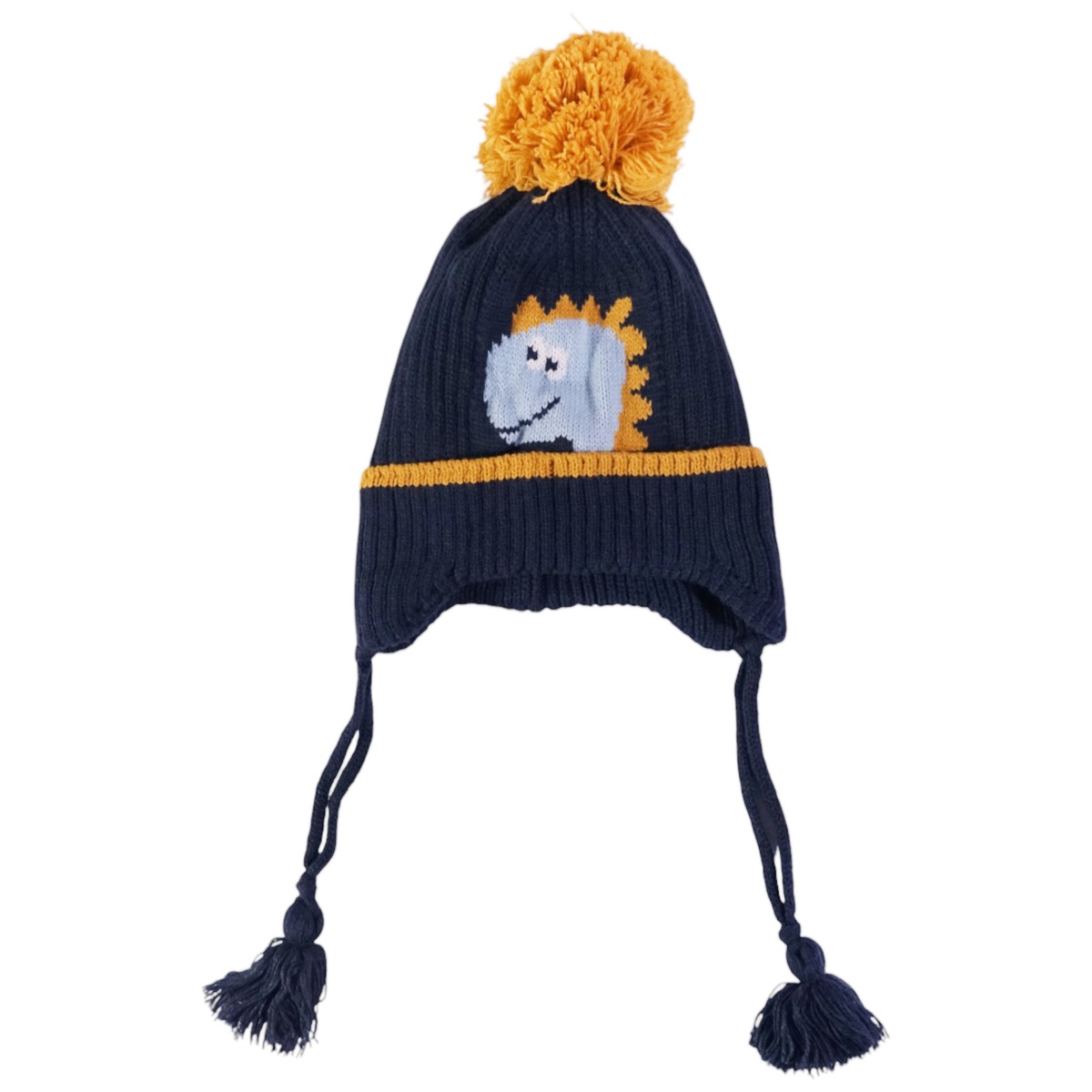 Σκούφος Kitti από πλεκτό σετ Dino μπλε με μεγάλη φούντα για παιχνιδιάρικη εμφάνιση παιδιών.