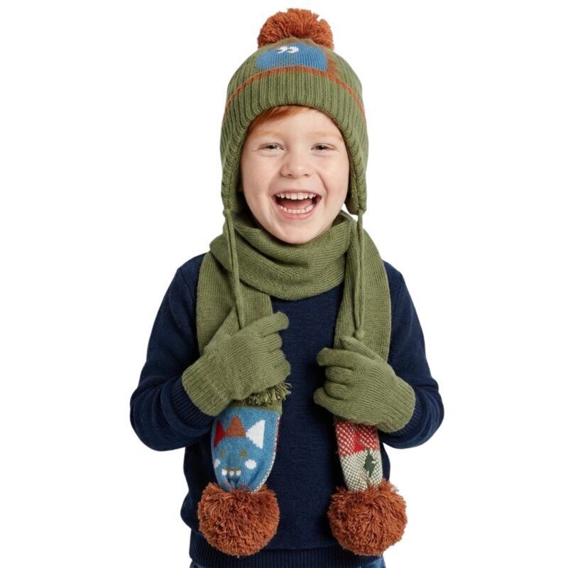 Kitti πλεκτό σετ σκούφος-κασκόλ-γάντια «Green Dino»