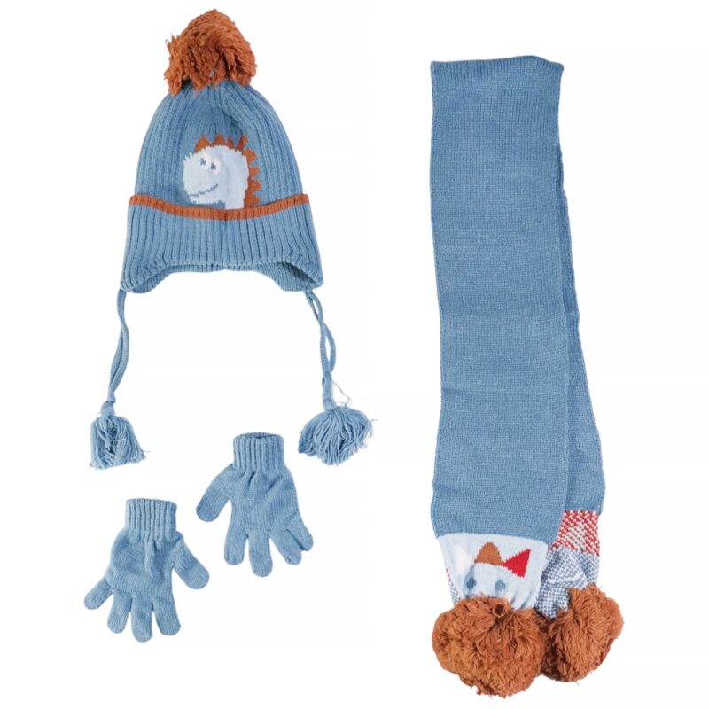 Ολοκληρωμένο παιδικό σετ Kitti με γαλάζιο σκούφο, κασκόλ και γάντια με θέμα τον δεινόσαυρο.