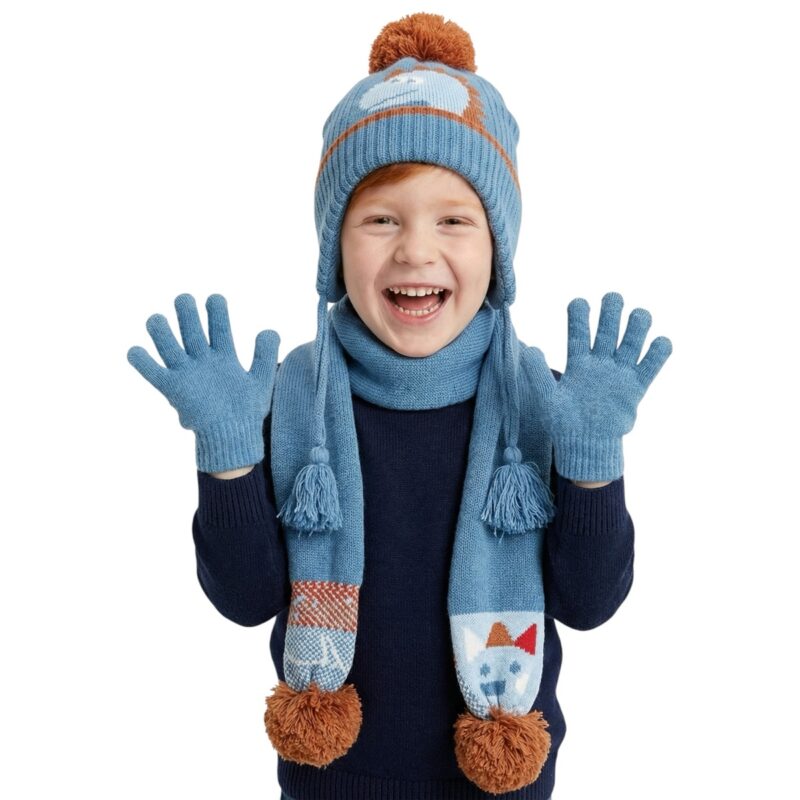 Kitti πλεκτό σετ σκούφος-κασκόλ-γάντια «Light Blue Dino»