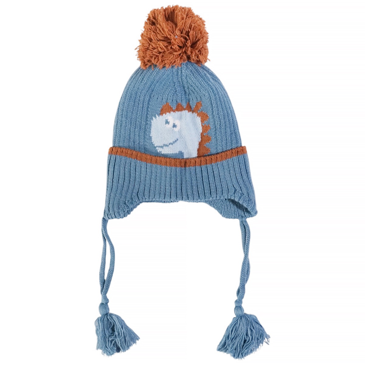 Παιδικός σκούφος Kitti με φούντα και ασορτί κασκόλ-γάντια στο γαλάζιο σετ με τον δεινόσαυρο.