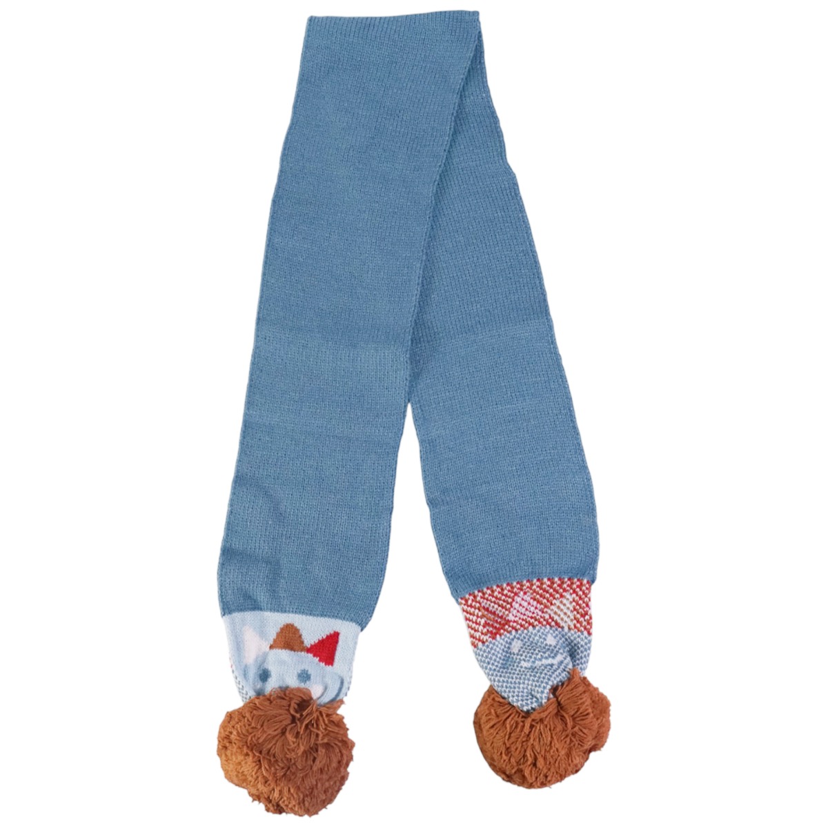 Γαλάζιο πλεκτό κασκόλ Kitti με ενσωματωμένο σχέδιο δεινοσαύρου και φούντες στις άκρες του.