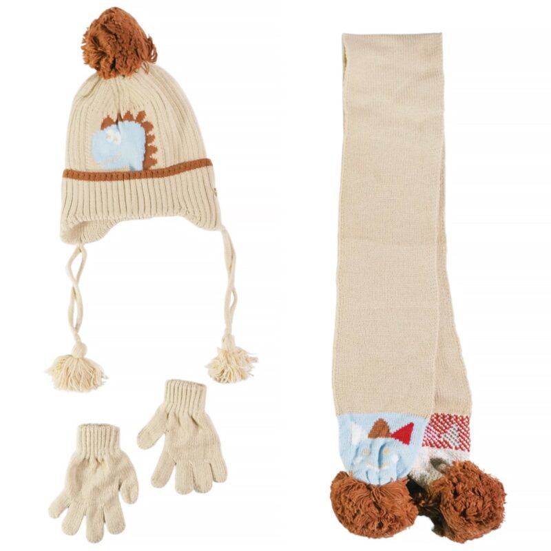 Μπεζ πλεκτό σετ Kitti Dino, με σκούφο, κασκόλ και γάντια, διακοσμημένο με δεινόσαυρο για παιδιά.