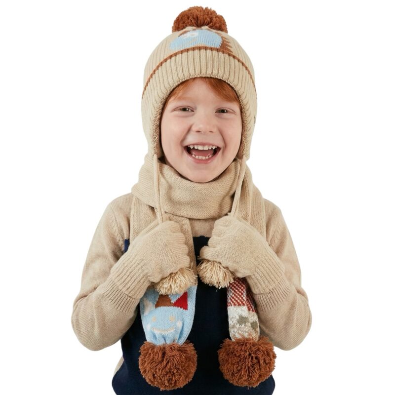 Kitti πλεκτό σετ σκούφος-κασκόλ-γάντια «Beige Dino»