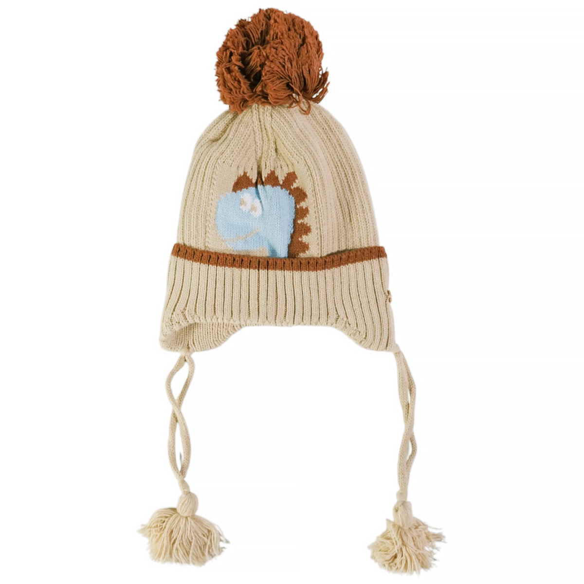 Πλεκτός σκούφος Kitti σε μπεζ χρώμα με σχέδιο δεινοσαύρου και μεγάλη φούντα στην κορυφή.