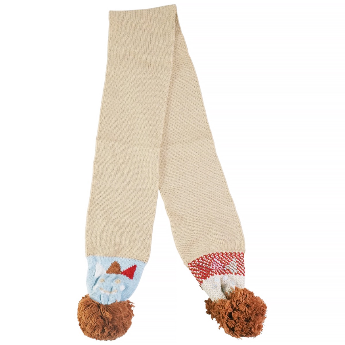 Μπεζ πλεκτό κασκόλ Kitti με ενσωματωμένο σχέδιο δεινοσαύρου και παιχνιδιάρικες φούντες στις άκρες.