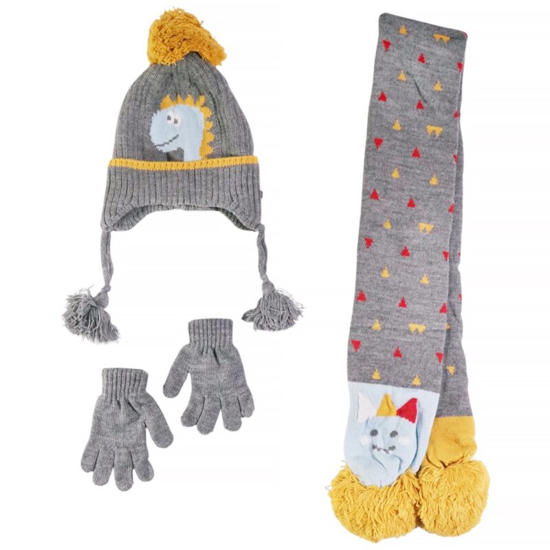 Ολοκληρωμένο παιδικό σετ Kitti με γκρι σκούφο, κασκόλ και γάντια με θέμα τον δεινόσαυρο.