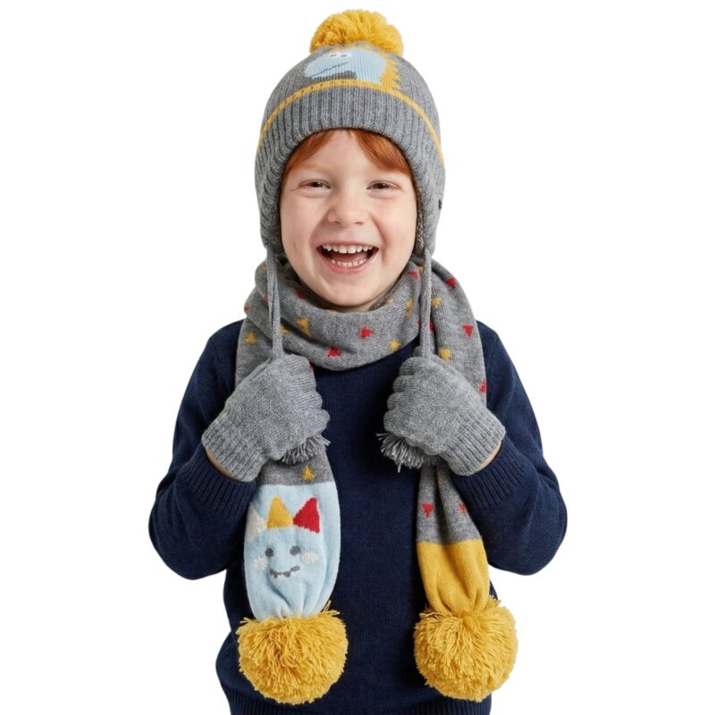 Kitti πλεκτό σετ σκούφος-κασκόλ-γάντια «Gray Dino»