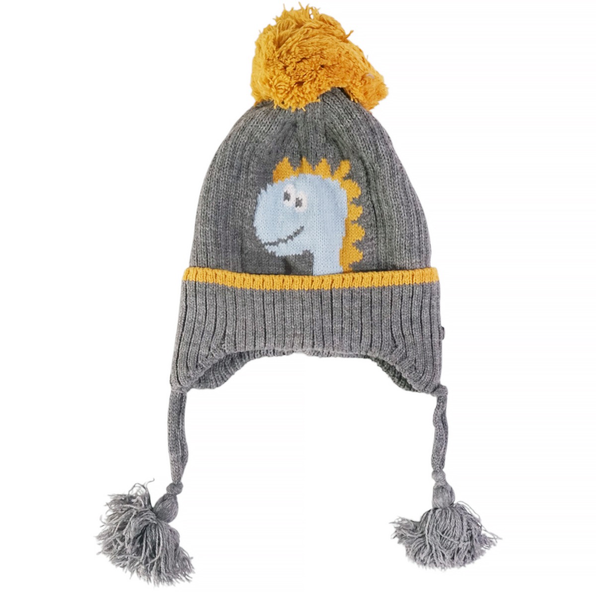 Παιδικός σκούφος Kitti με φούντα και ασορτί κασκόλ-γάντια στο γκρι σετ με τον δεινόσαυρο.