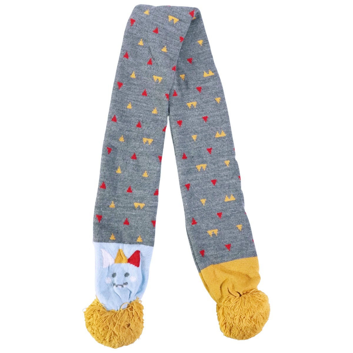 Γκρι πλεκτό κασκόλ Kitti με ενσωματωμένο σχέδιο δεινοσαύρου και παιχνιδιάρικες φούντες στις άκρες.