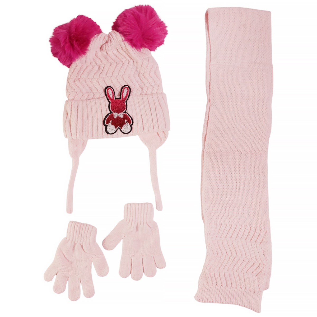 Πλεκτό σετ Kitti Pink Little Rabbit με σκούφο, κασκόλ και γάντια για κορίτσια.